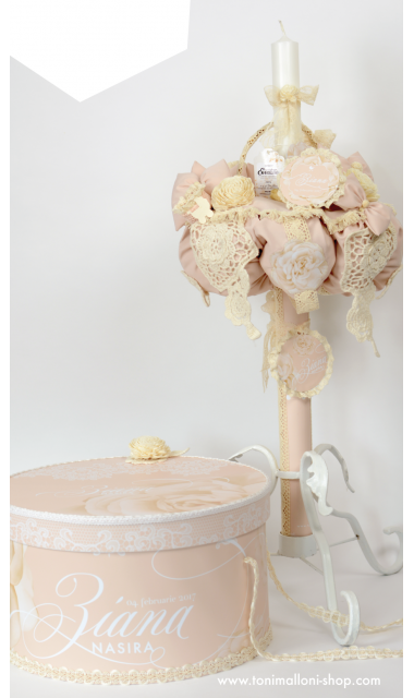 Lumanare de botez cu dantela ivory din bumbac, 65x4cm, Ziana 1